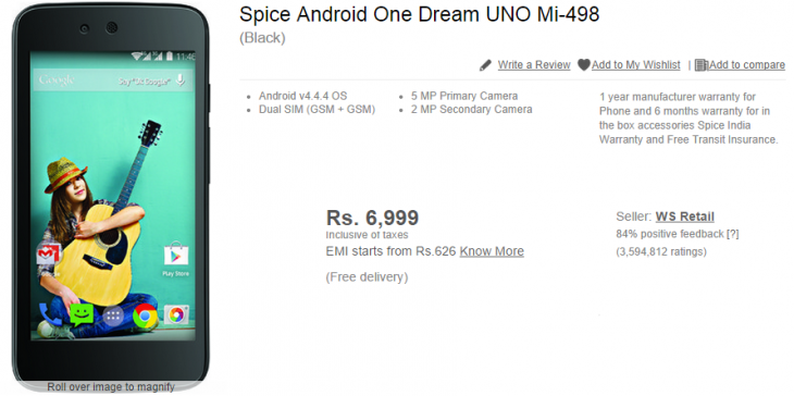 Flipkart incidentally revealed the specs of Spice Android One Dream UNO Mi-498